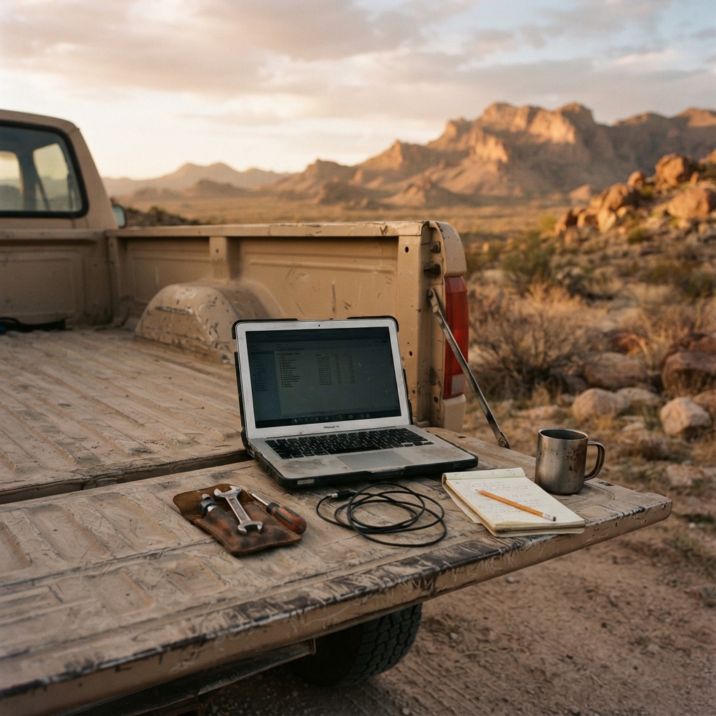 Laptop open on a tailgate, dim screen, tools nearby