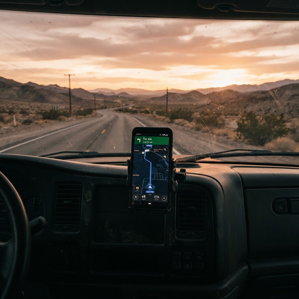 Phone mounted in a truck dash, desert road ahead
