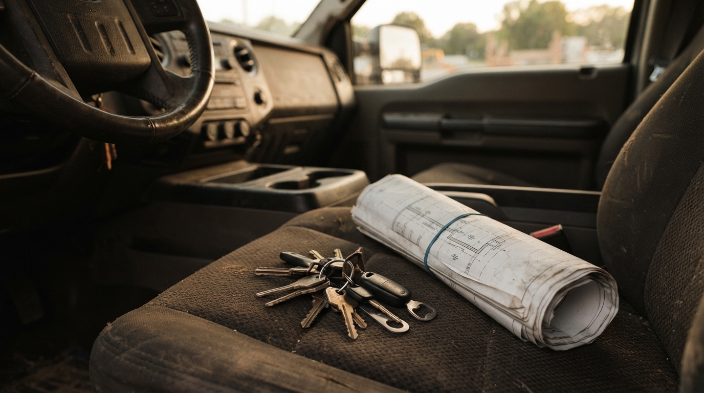 House keys and folded plans on a truck seat