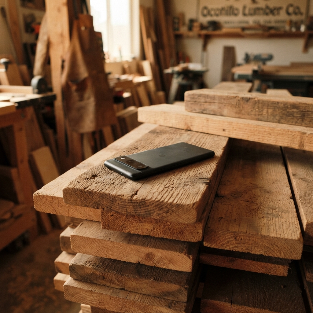 Phone face-down on a stack of lumber