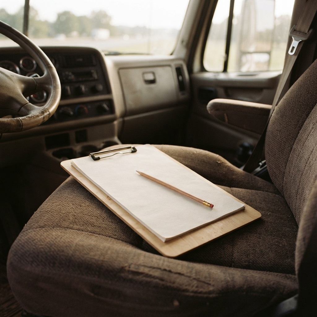 Clipboard and pencil on a truck seat