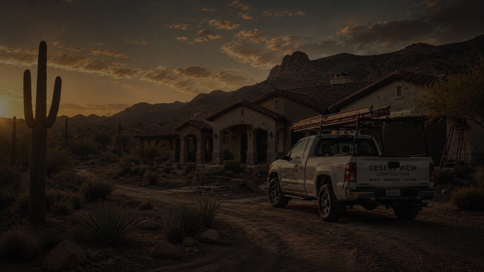 Contractor work truck at desert jobsite, late afternoon