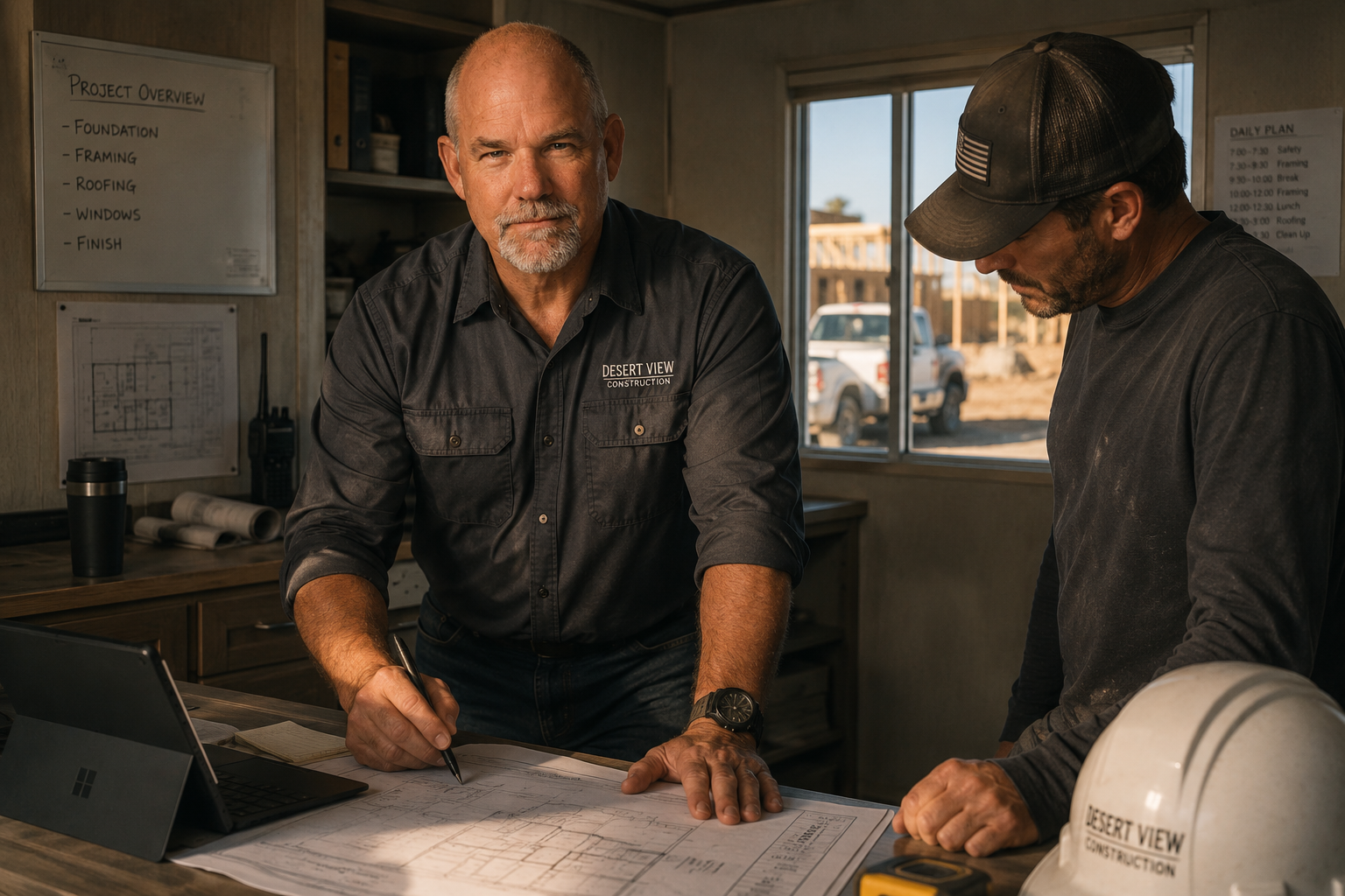 Richard, founder of Verado AI — 30 years in construction and cabinet manufacturing, reviewing plans at a jobsite office