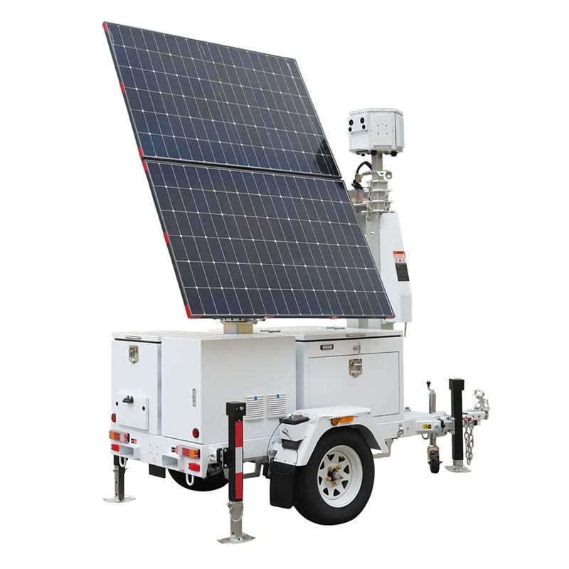 NomiTrailer solar security trailer with deployed mast and dual solar panels