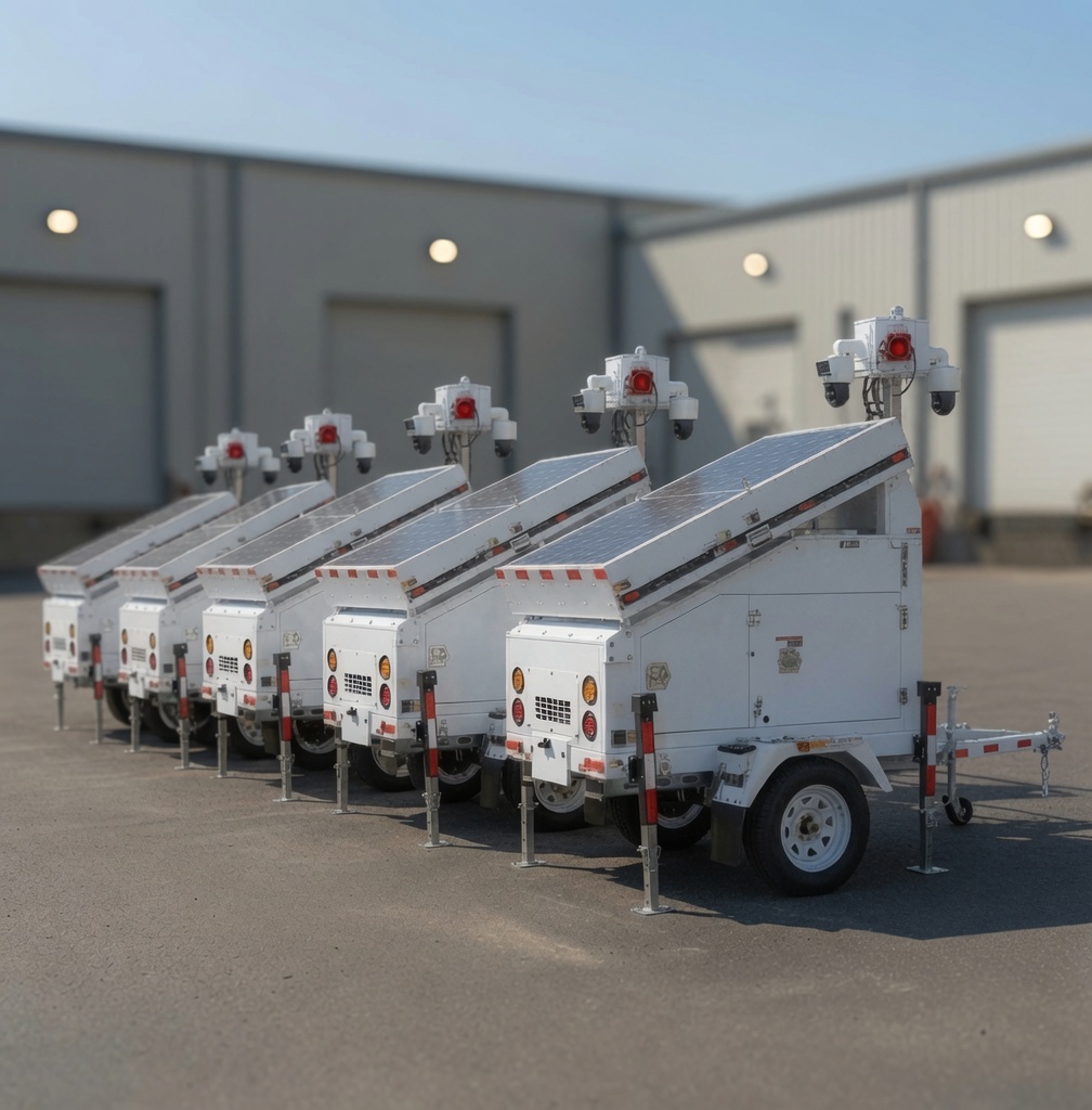 Fleet of NomiTrailers solar security units lined up outdoors