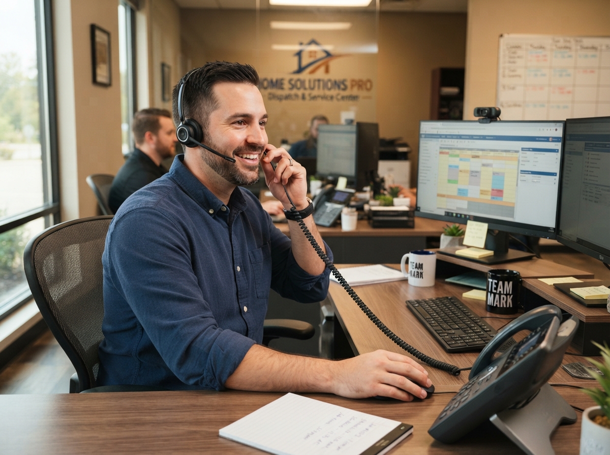 Friendly male receptionist wearing a headset answering a phone call, representing a 24/7 AI voice receptionist for home service contractors