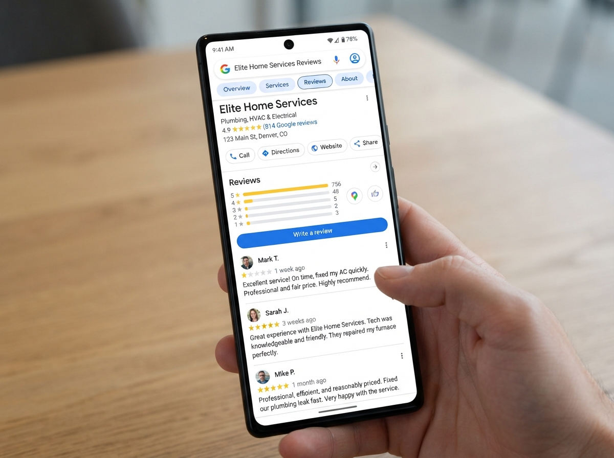 Realistic Google Business Profile review page on a smartphone showing a home service business with a 4.9 star rating and multiple five-star reviews