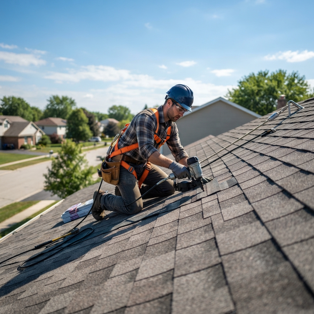 Roofer installing shingles on a residential roof