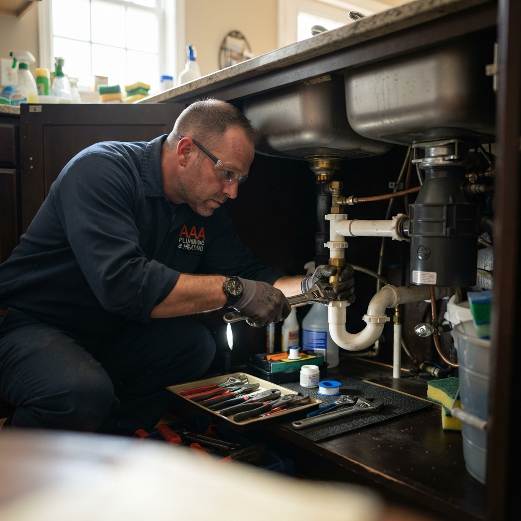 Plumber repairing pipes under a kitchen sink