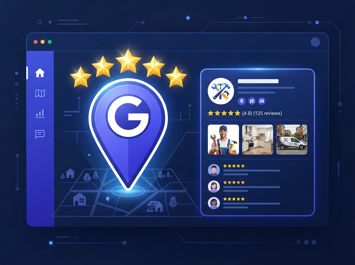 Google Maps pin with five gold stars and an optimized business profile card