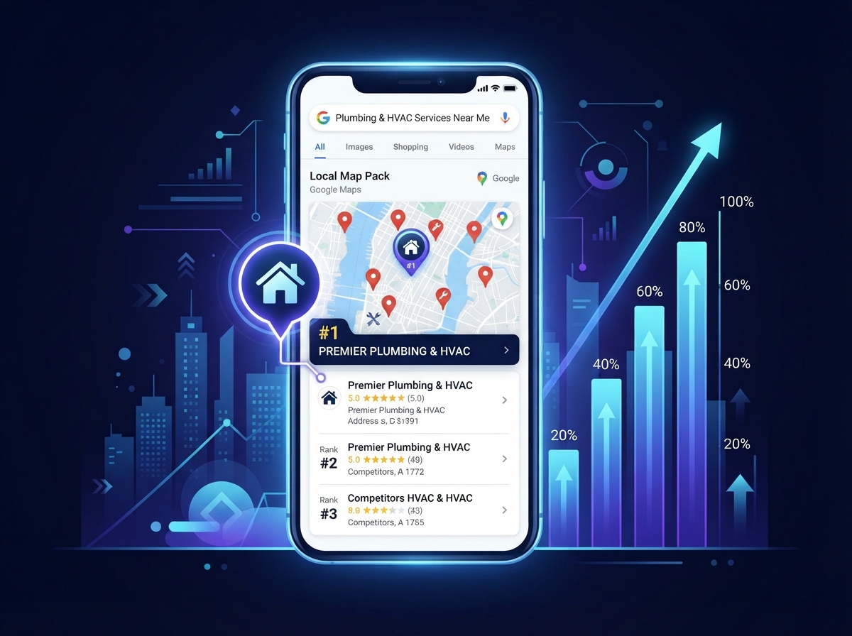 Smartphone showing a home service business ranked #1 in Google local map pack search results
