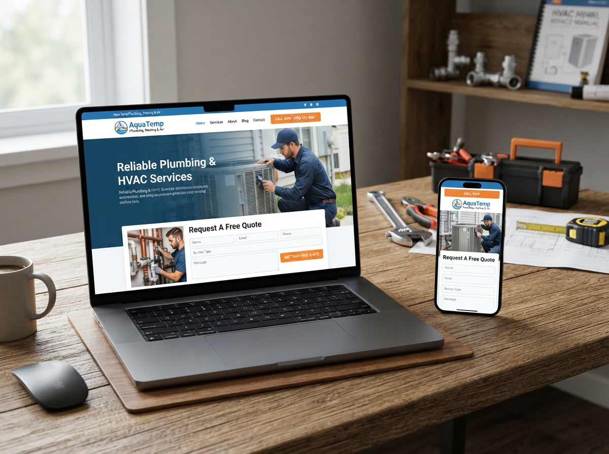 Laptop and smartphone showing a high-converting contractor website with a call button and quote form for a home service business