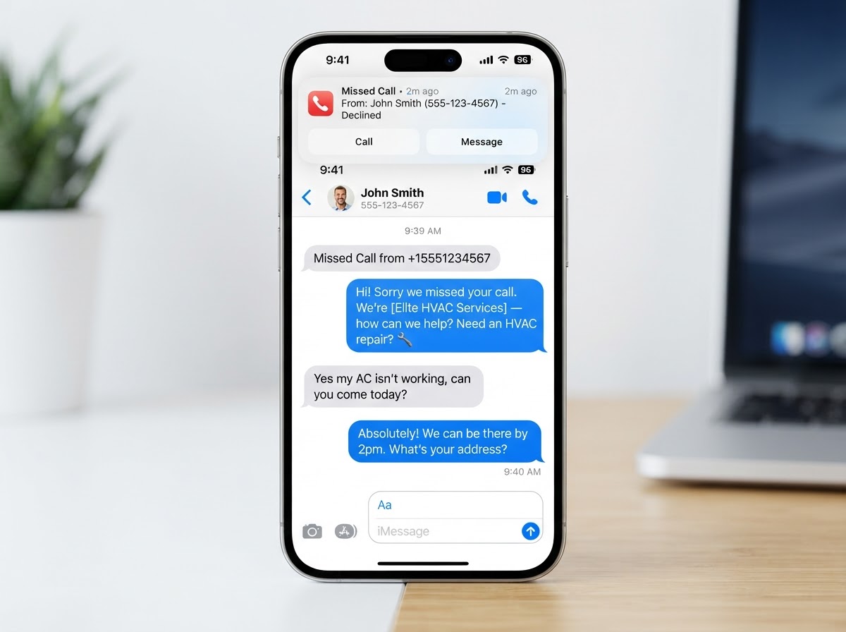 Smartphone showing a missed call notification followed by an automated text-back conversation where the business replies instantly and the customer requests a repair