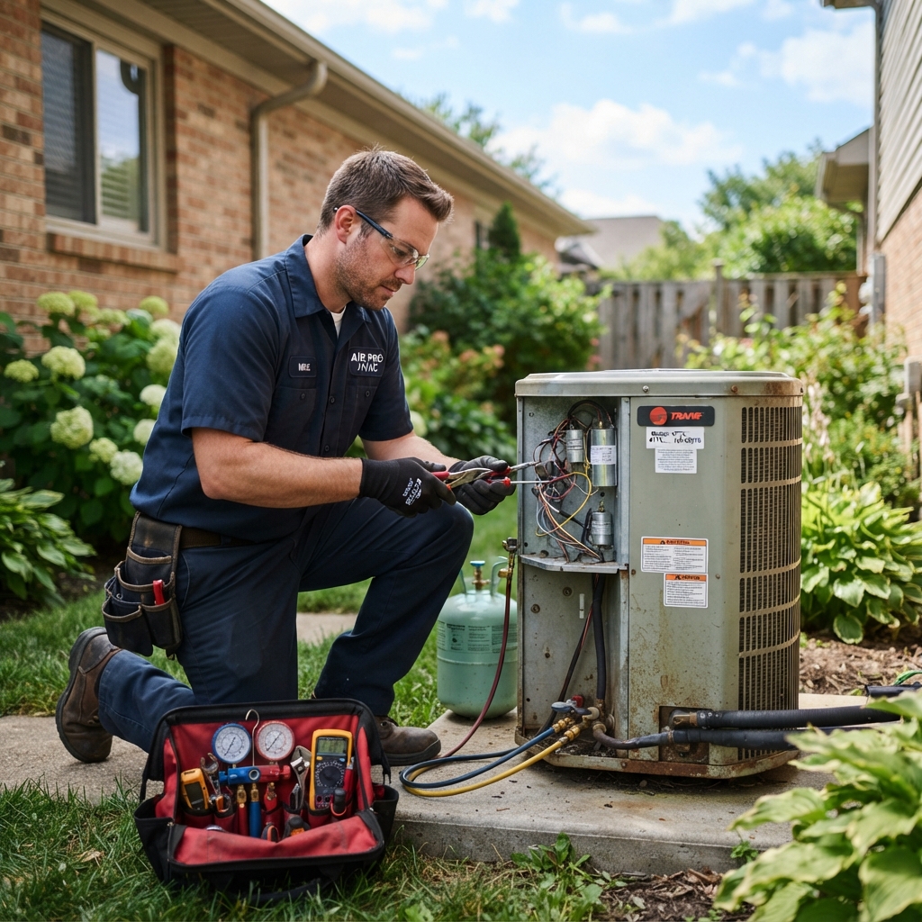 HVAC technician servicing a residential AC unit