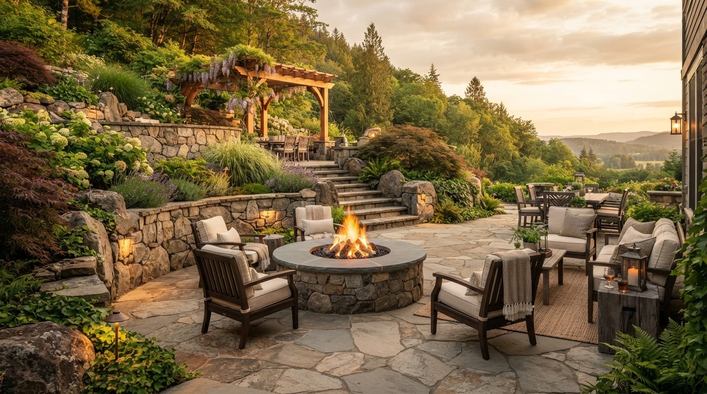 Luxury hardscape stone patio with outdoor fire pit and professional landscape architecture at golden hour