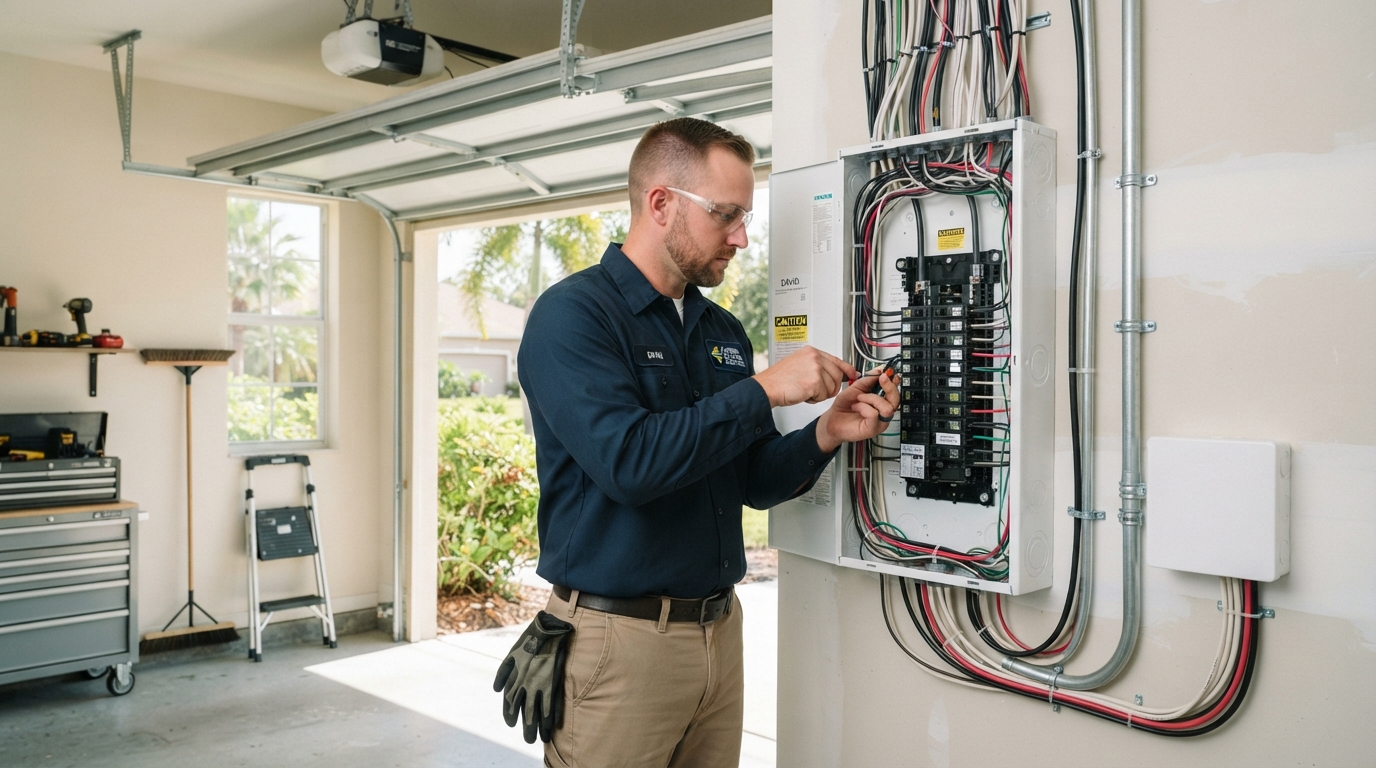 Electrician installing electrical panel in Florida home