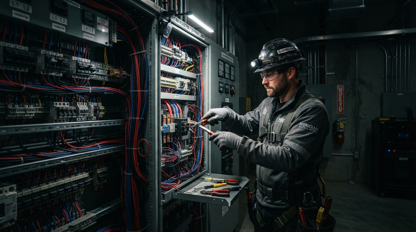 Commercial electrician working on industrial panel