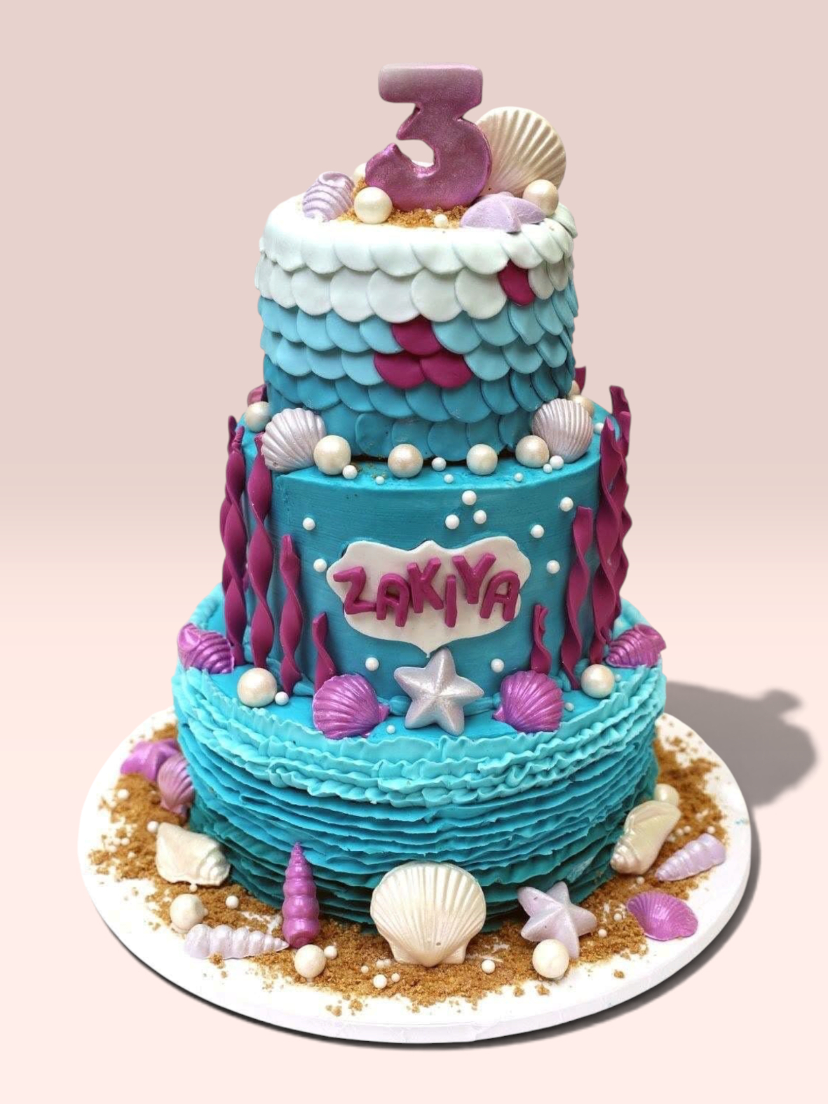 Custom decorated layer cake with mint buttercream and blush pink floral decorations from Sweet Tooth Creations Anchorage bakery