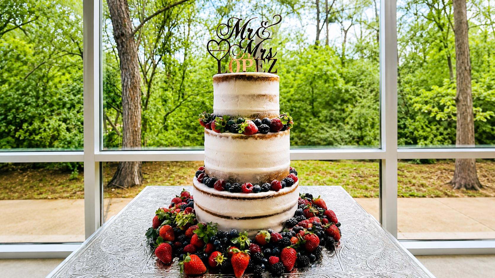 Tiered custom celebration cake with floral decorations by Sweet Tooth Creations Anchorage bakery