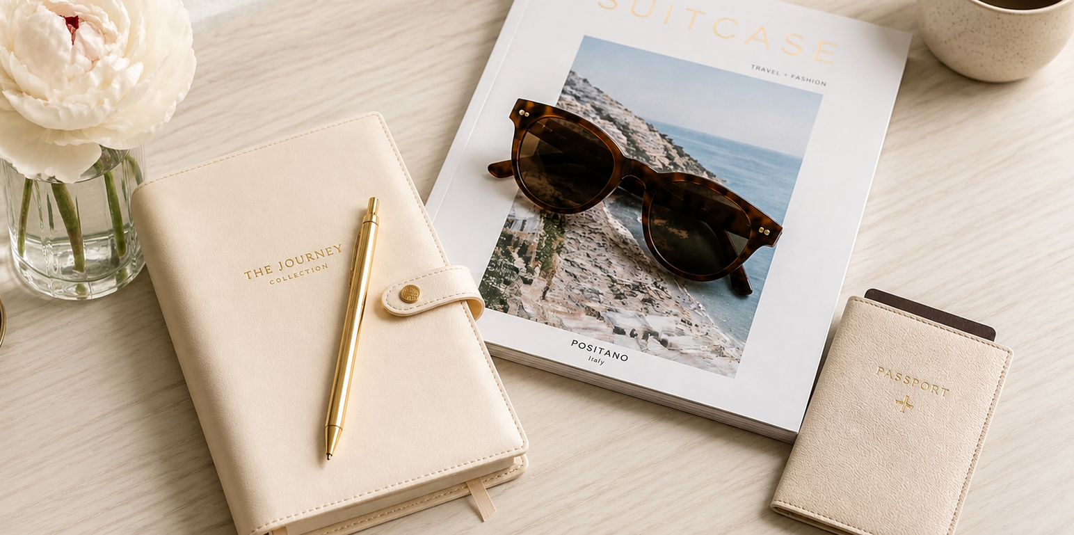 Travel Essentials - Journal, Passport, Sunglasses Flatlay