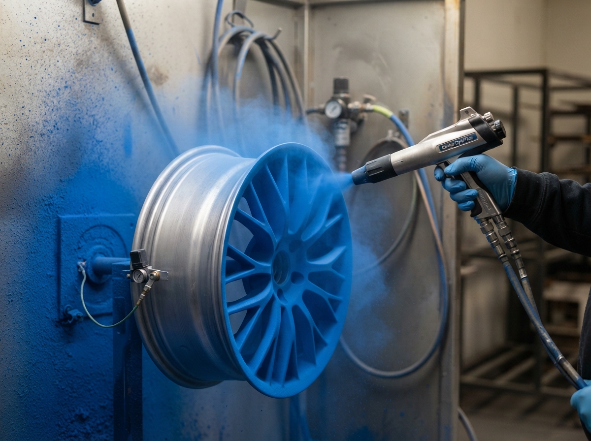 Electrostatic powder coating spray gun applying blue powder to a metal automotive wheel in a professional coating booth