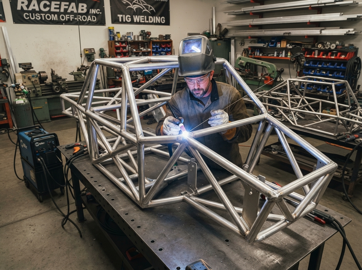 Custom metal fabrication shop TIG welding an off-road racing aluminum chassis
