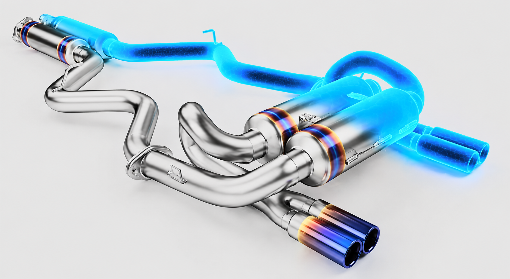 Stainless steel exhaust system with CERAKOTE high-temperature ceramic coating showing brilliant blue heat-resistant finish on headers and pipes
