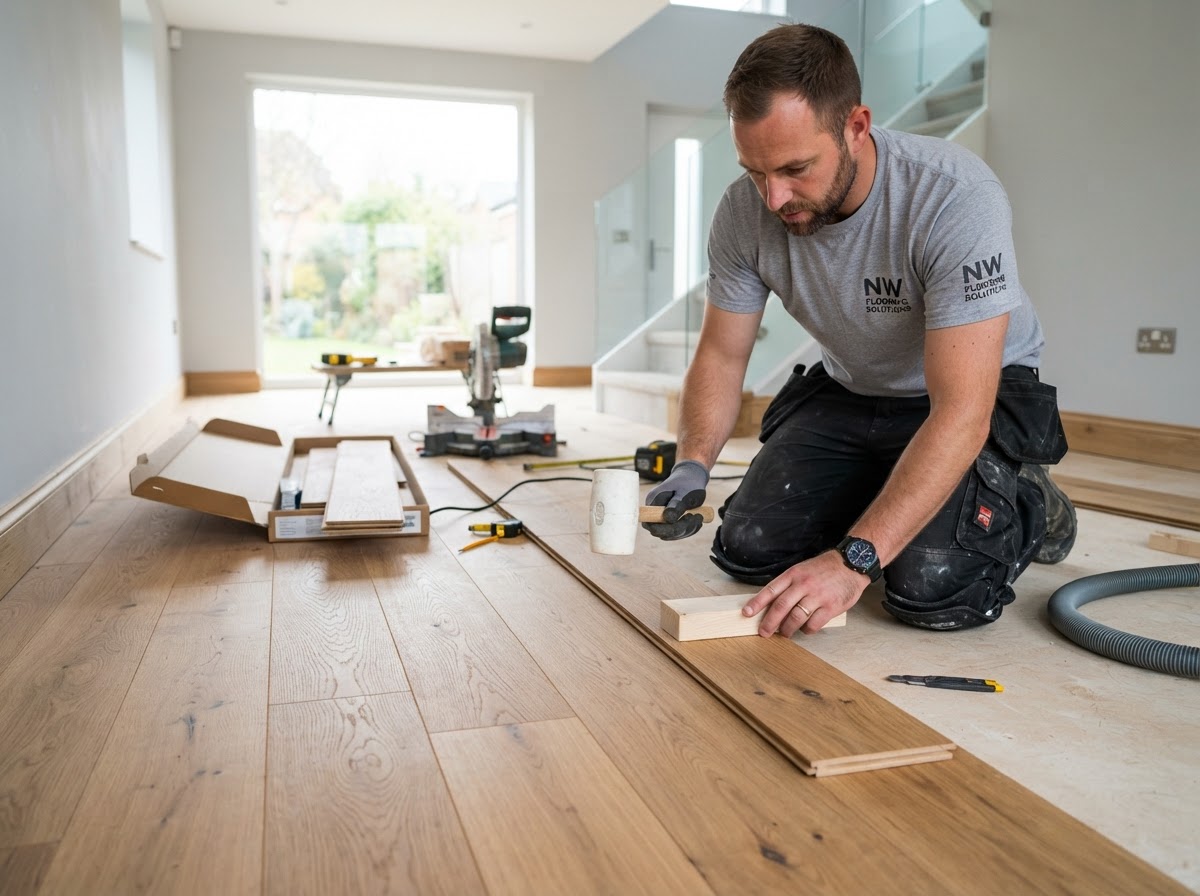 Professional flooring craftsman at work