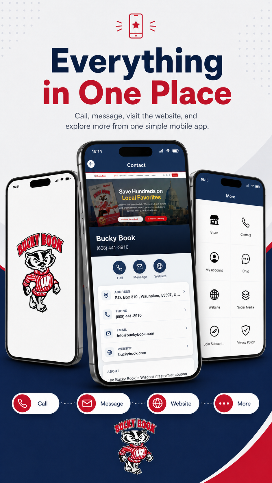 Bucky Book App — Everything in One Place showing Contact, Store, Website and Social