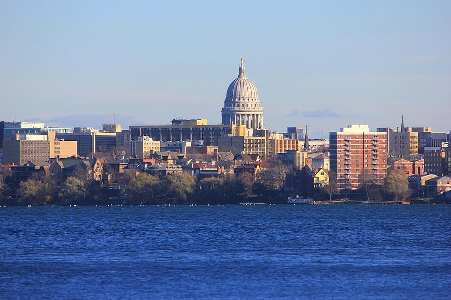 Madison Wisconsin skyline with State Capitol building visible on the horizon