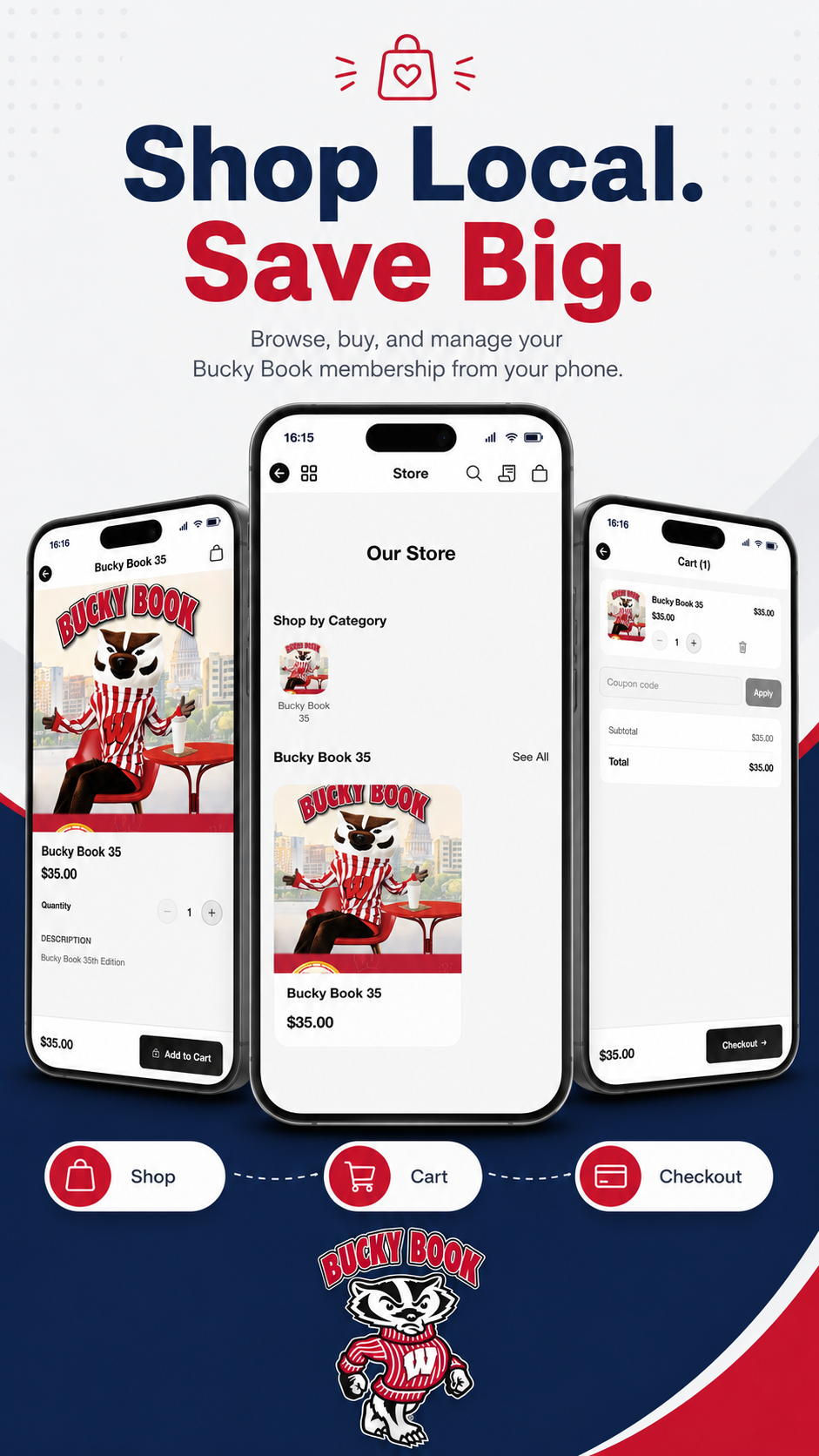 Bucky Book Mobile App — Shop Local, Save Big screens showing store, product, and cart