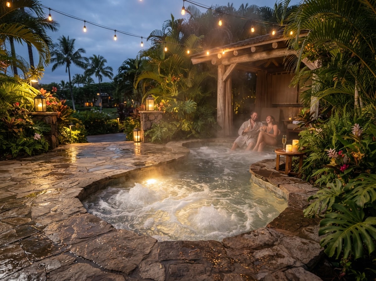 Luxurious outdoor spa and hot tub integrated into a stone deck with string lights at evening
