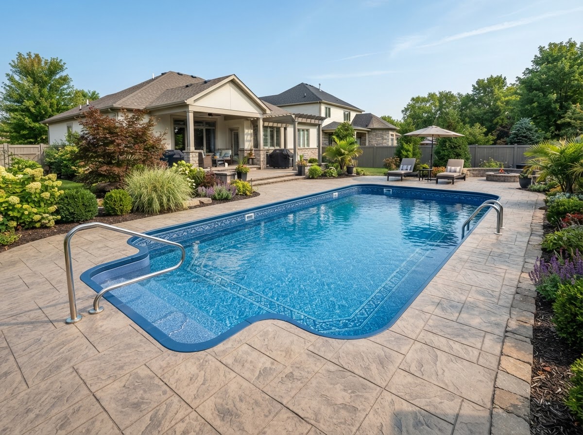 Modern vinyl liner pool with patterned blue liner, rounded corners, and stamped concrete patio