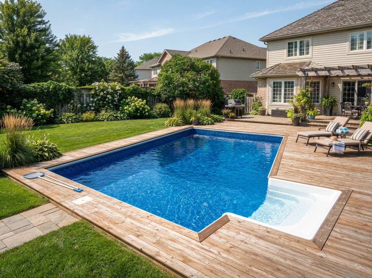 Classic vinyl liner pool with rectangular shape and wood deck in a suburban backyard