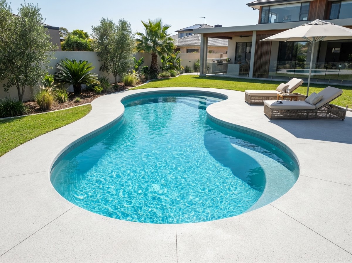 Modern curved fiberglass pool with sleek gel-coat finish in a luxury backyard