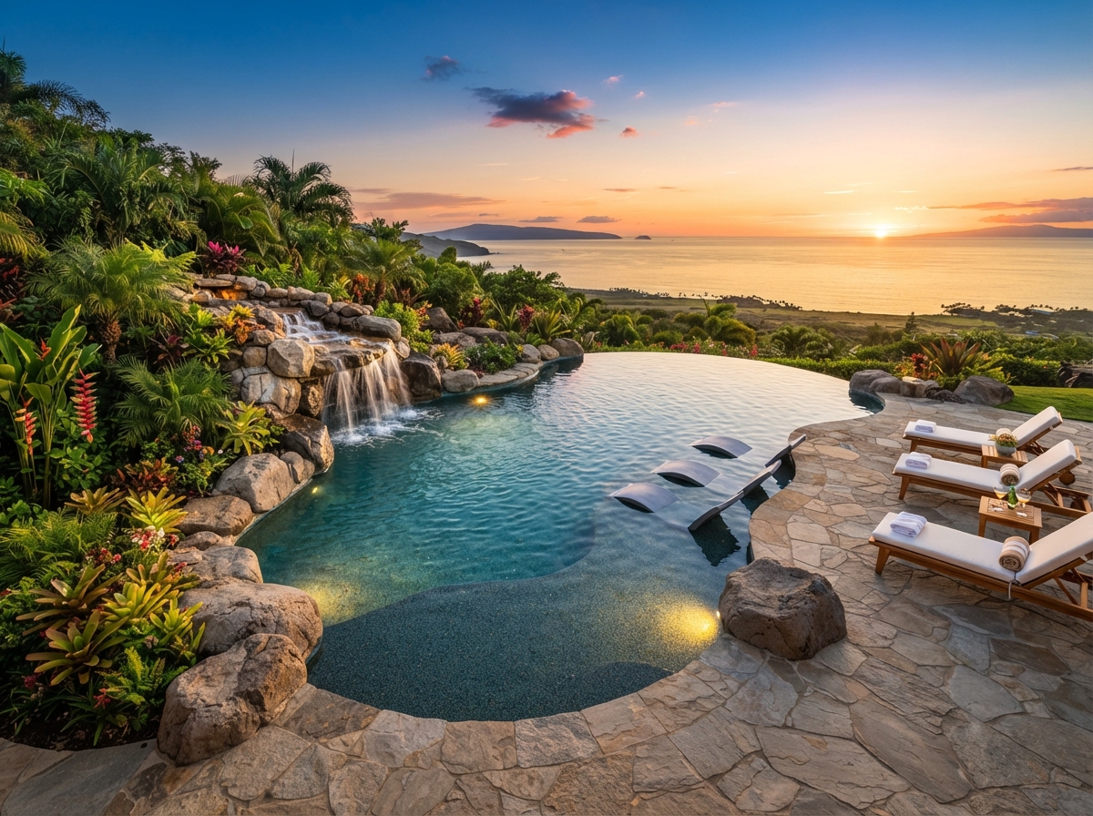 Freeform concrete gunite pool with cascading waterfall and natural stone decking