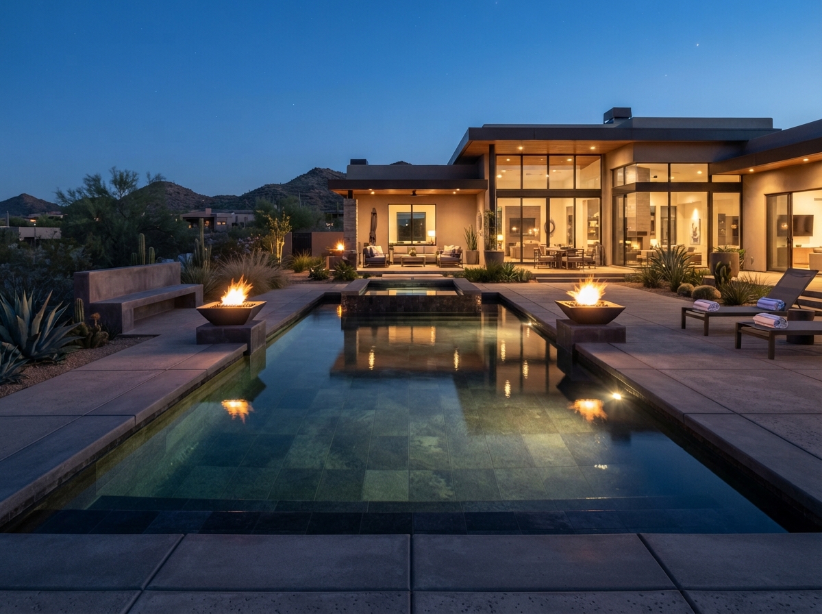 Geometric concrete gunite pool with integrated spa, dark tile finish, and fire bowls at twilight