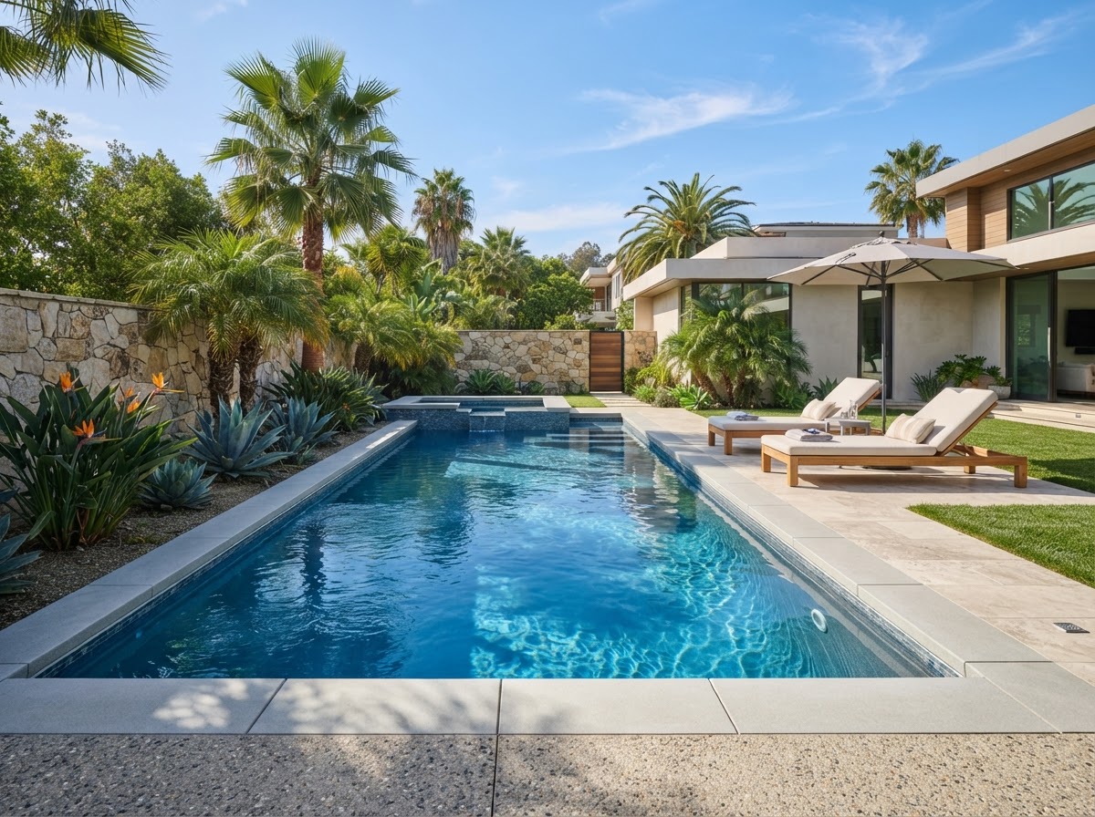 Rectangular fiberglass pool in a contemporary resort-style backyard