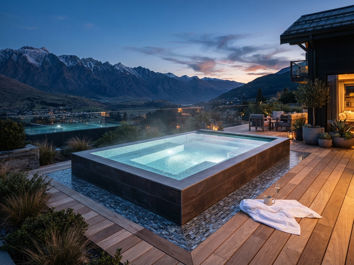 Standalone spa pool with glass tiles, wooden decking, and mountain view at dusk