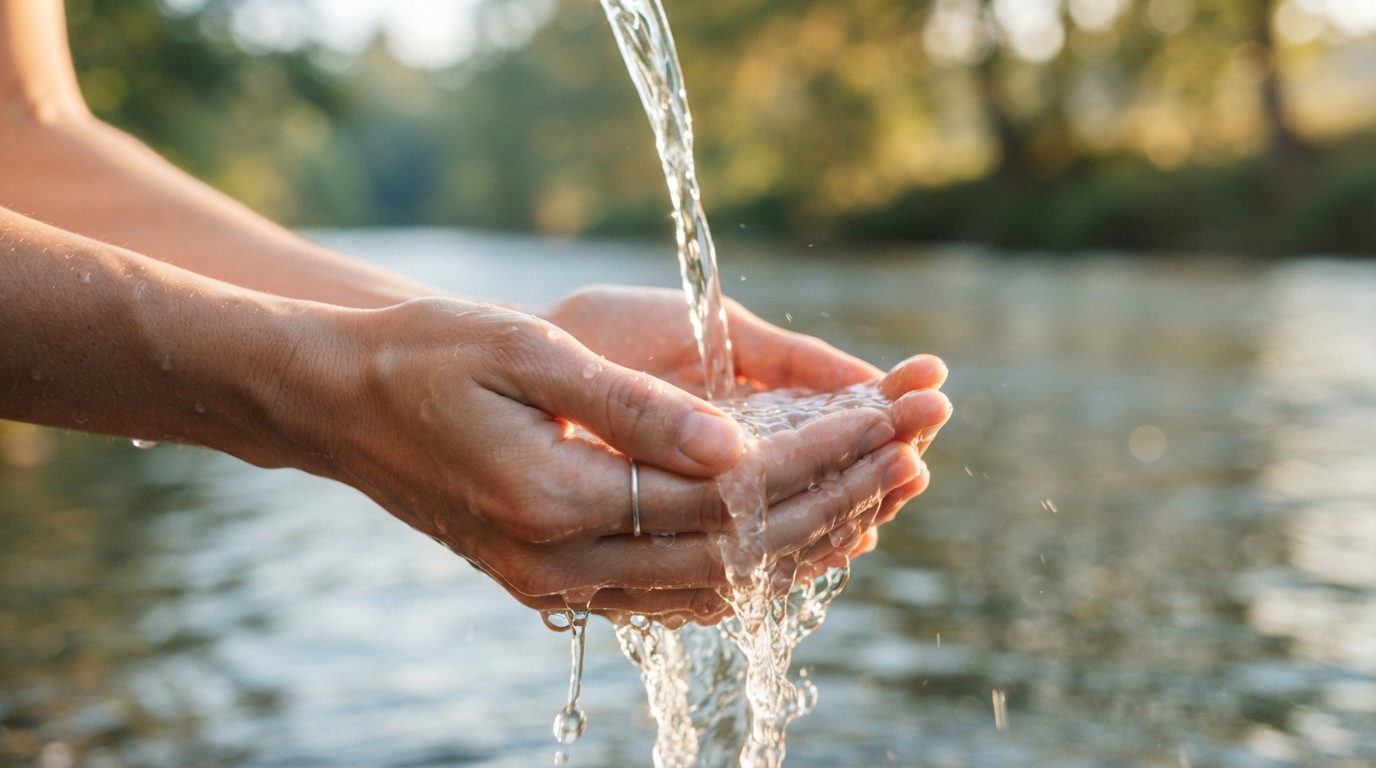 Clear water flowing gently through open cupped hands in soft natural light