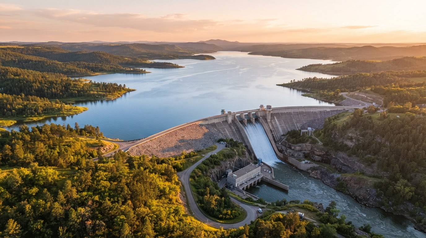 A calm reservoir holding still blue water at golden hour