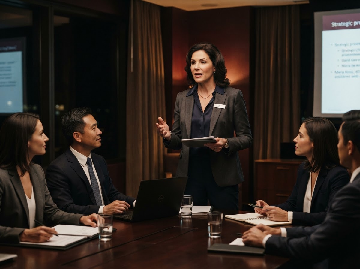 A senior executive assistant at the head of a boardroom table, mid-briefing