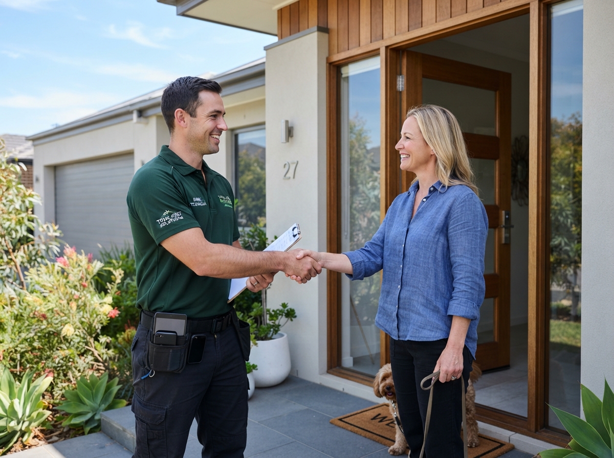 Coast Shield pest control technician at a Gold Coast front door, ready to help