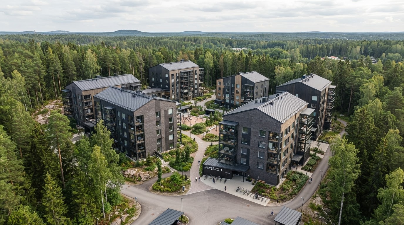 Kerrostaloalueen ilmakuva — RLO Sähkö B2B-urakointi