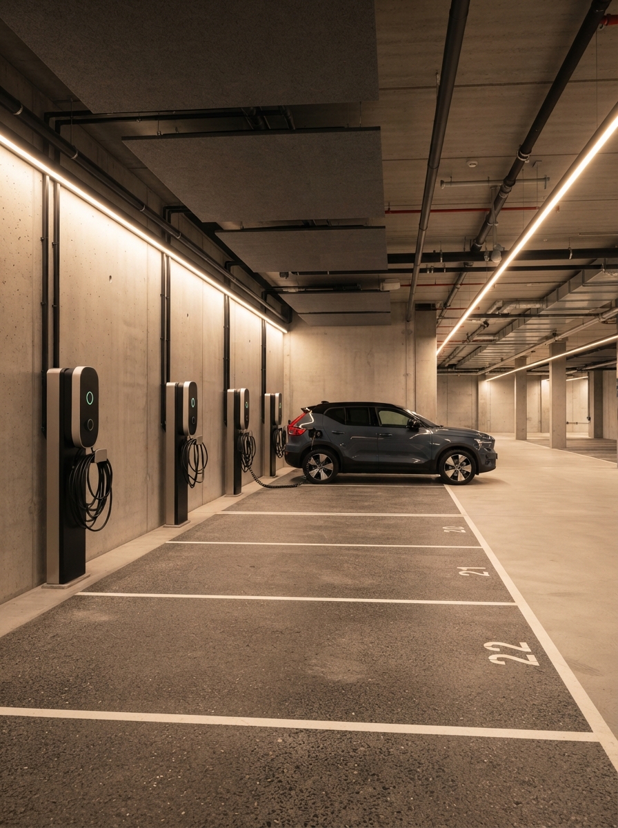 Sähköautojen latausinfrastruktuuri modernissa parkkihallissa