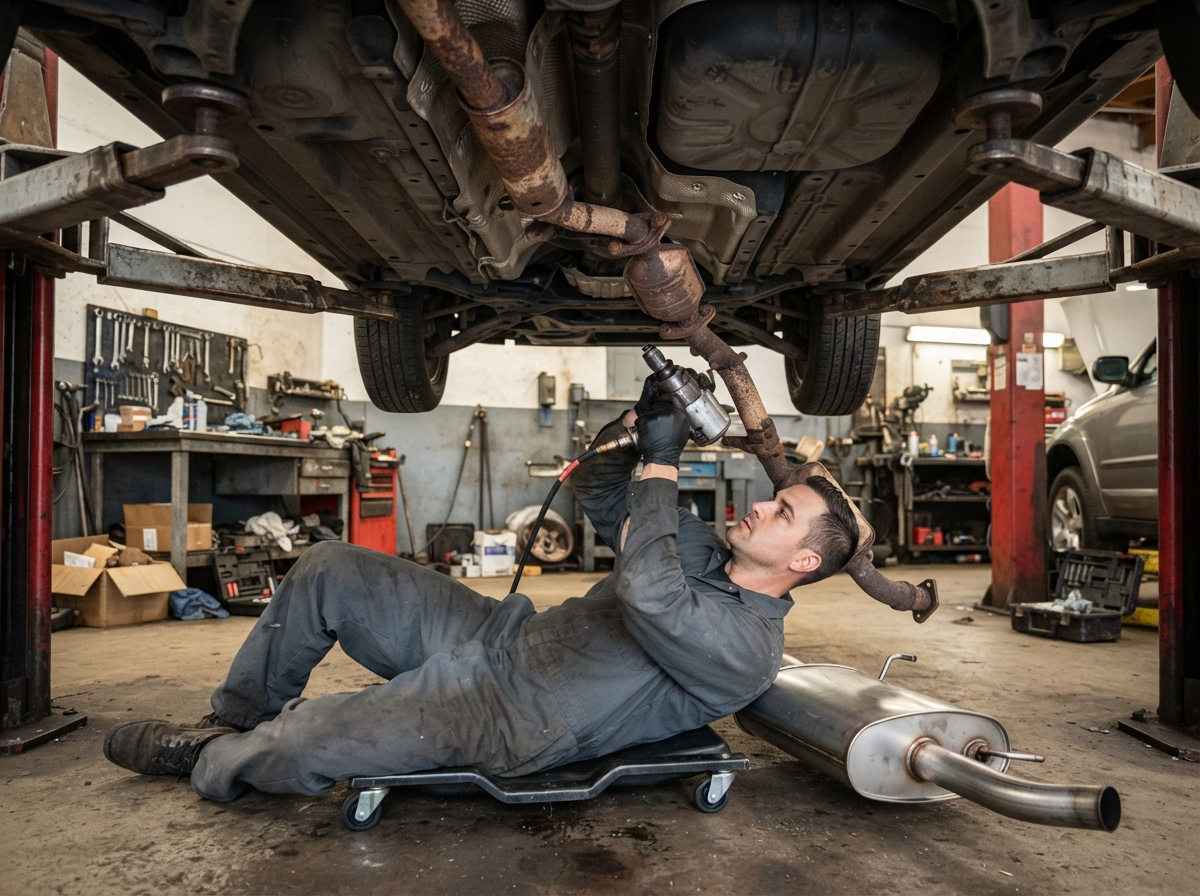 Muffler and exhaust inspection at Rollins Auto Repair in Windsor Locks, CT