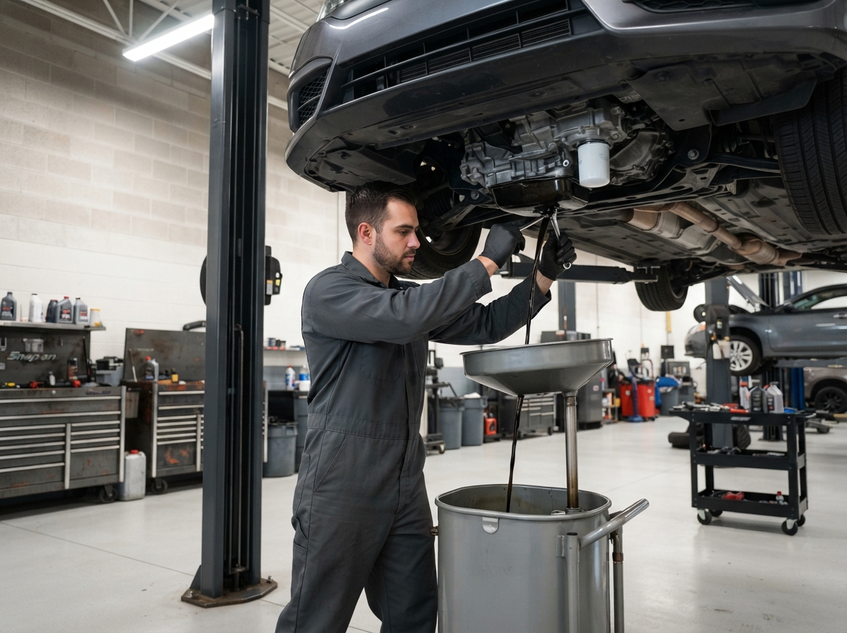 Oil change service being performed at Rollins Auto Repair in Windsor Locks, CT