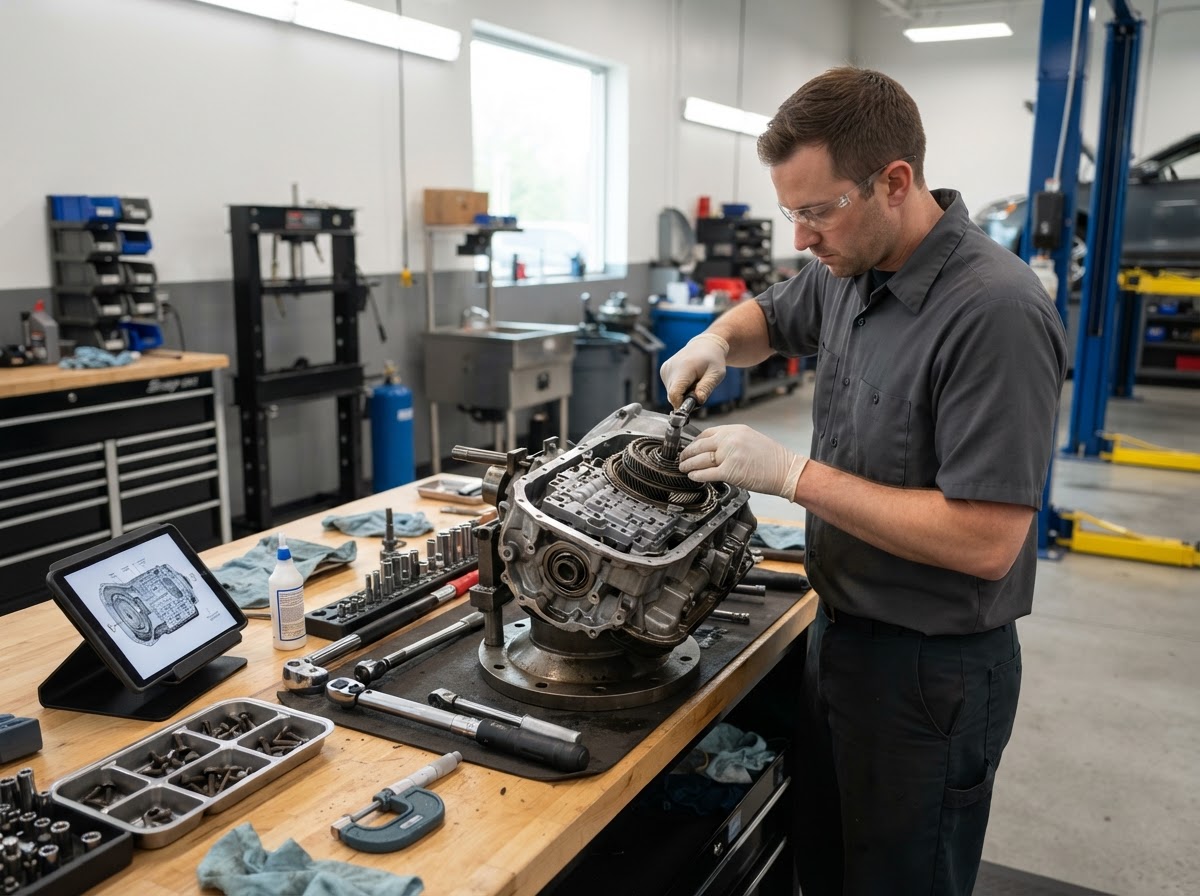 Transmission service being performed at Rollins Auto Repair in Windsor Locks, CT