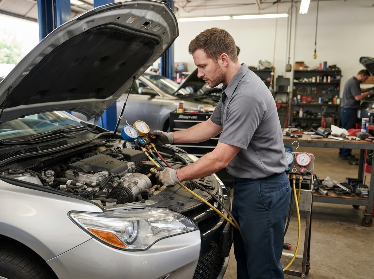 Auto AC repair being performed at Rollins Auto Repair in Windsor Locks, CT