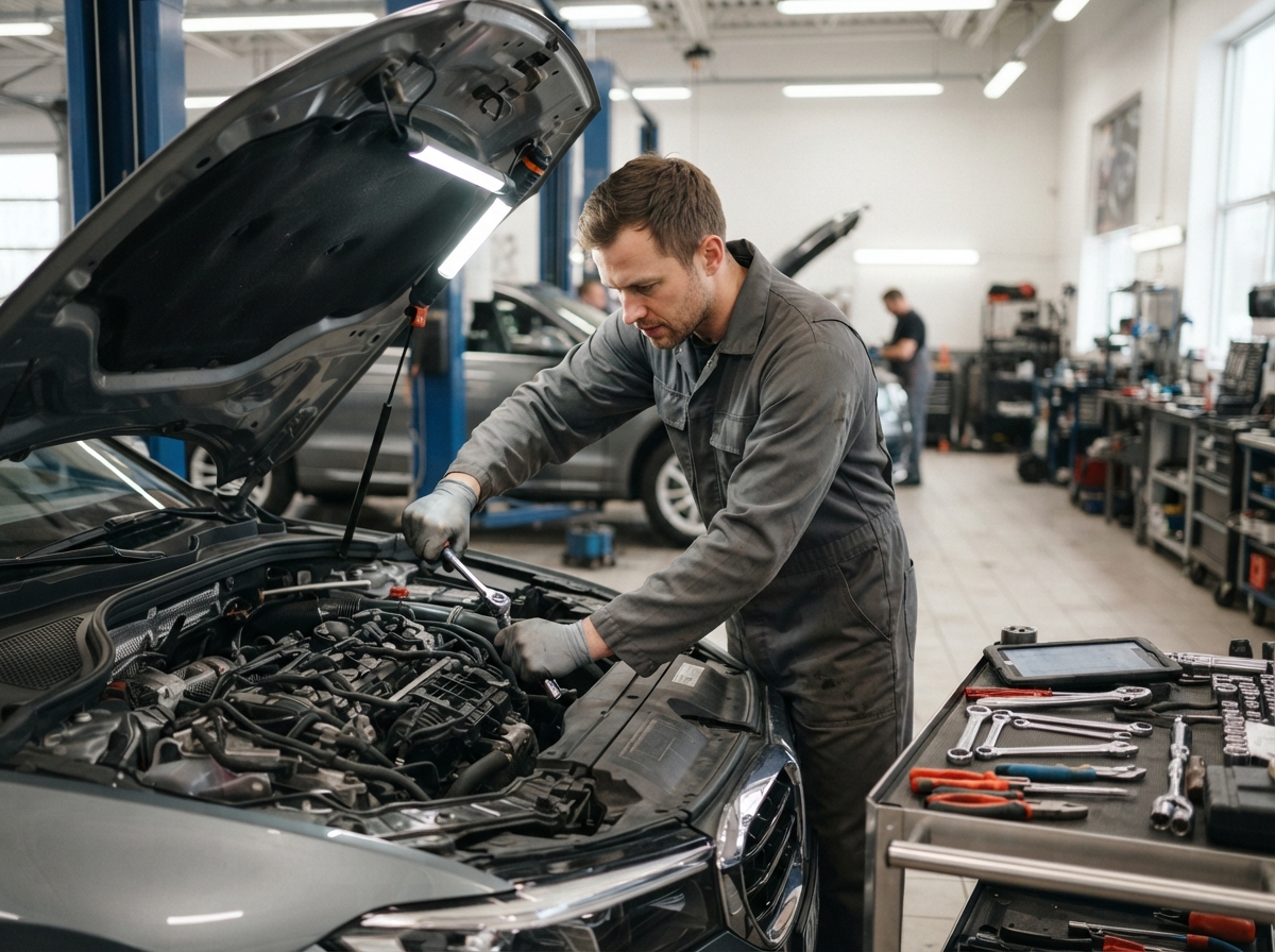 Rollins Auto Repair mechanic working on an engine in Windsor Locks, CT